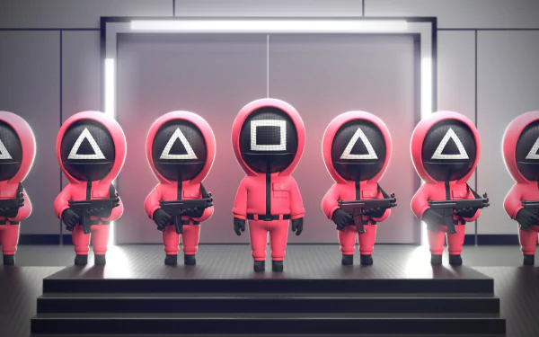 HD PC desktop wallpaper featuring armed guards from the TV show Squid Game, each wearing red suits and masks with distinct geometric shapes.