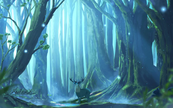 A majestic deer stands in an enchanted, misty forest with towering trees, depicted in a vibrant fantasy style for a 4K Ultra HD PC desktop wallpaper.
