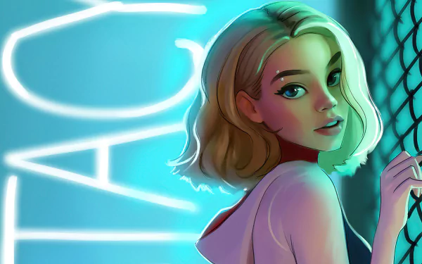 HD PC desktop wallpaper featuring Gwen Stacy from DC Comics, depicted in a vibrant, stylized comic art style with glowing blue accents and a confident expression.
