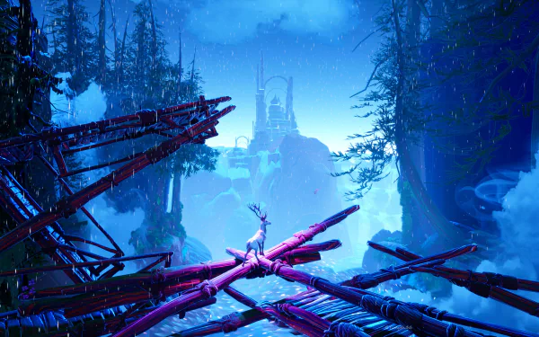 HD desktop wallpaper featuring a fantasy scene with a majestic deer standing on futuristic, glowing beams amidst a mystical forest backdrop with towering structures in the distance.