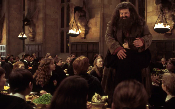 HD PC desktop wallpaper featuring Robbie Coltrane as Rubeus Hagrid with Harry Potter characters including Emma Watson as Hermione Granger and Bonnie Wright as Ginny Weasley from Harry Potter and the Chamber of Secrets.