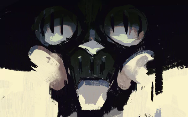 Disco Elysium video game art: dark, painterly skull/gasmask with glowing lenses and bold brushstrokes — 4K Ultra HD PC desktop wallpaper/background.