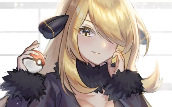 HD anime wallpaper featuring Cynthia from Pokémon holding a Pokéball, with soft lighting and detailed character design as a PC desktop background.