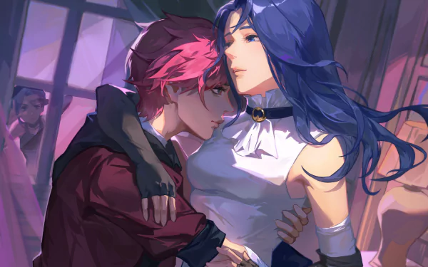 HD PC desktop wallpaper of Caitlyn and Vi from League of Legends and Arcane, with a soft, intimate moment captured in a vibrant, animated TV show style.