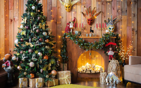 Cozy holiday scene with a decorated Christmas tree, glowing fireplace, and festive ornaments creating a warm, 4K Ultra HD Christmas desktop wallpaper background.