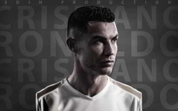 Cristiano Ronaldo in a high-resolution 4K Ultra HD sports-themed PC desktop wallpaper with his name repeated in the background.