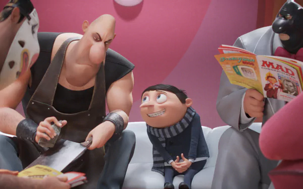 HD PC desktop wallpaper from Minions: The Rise of Gru featuring Gru and other characters in a colorful, animated scene from the Despicable Me movie series.