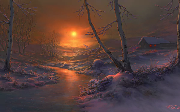 Artistic winter night landscape showing a peaceful river flowing through a snowy scene with bare trees and a cabin glowing warmly in the distance, rendered in HD for desktop wallpaper.