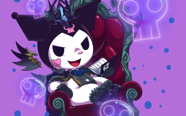 HD PC desktop wallpaper featuring Kuromi from Onegai My Melody in an anime style, seated on a dark throne with glowing skull motifs against a purple background.