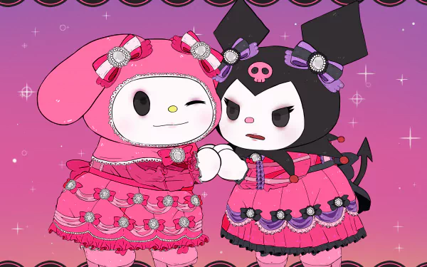4K Ultra HD anime wallpaper featuring Sanrio characters My Melody and Kuromi from Onegai My Melody, dressed in matching pink gothic outfits against a starry background.