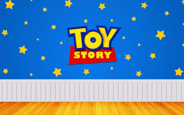 2K Quad HD PC desktop wallpaper showing the Toy Story Pixar movie logo centered on a blue starry wall above white wainscoting and wooden floor.