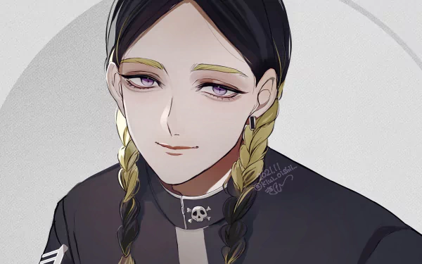 HD anime desktop wallpaper featuring Ran Haitani from Tokyo Revengers with braided hair, wearing a dark jacket and a subtle smile against a light background.