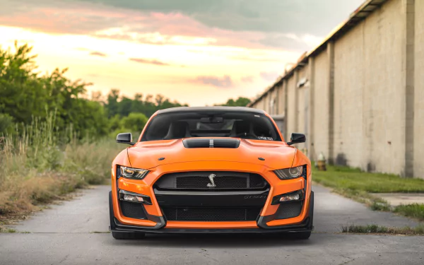 Orange Ford Mustang Shelby GT500 muscle car front view on an industrial road at sunset — HD PC desktop wallpaper/background