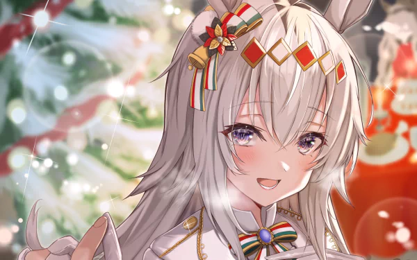 HD PC wallpaper of Oguri Cap (Uma Musume), Anime from Uma Musume: Pretty Derby — smiling girl with horse ears, festive lights and soft bokeh background.