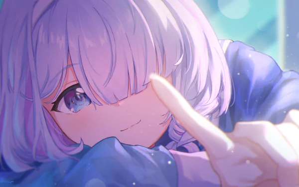 Arona (Blue Archive) close-up: lavender hair, soft smile, reaching toward viewer; 2K Quad HD PC desktop wallpaper/background from the Blue Archive video game.