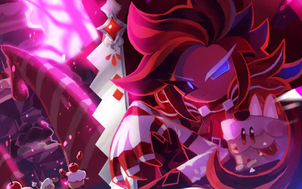 HD PC desktop wallpaper featuring Red Velvet Cookie from COOKIE RUN: KINGDOM in a dynamic, vibrant scene from the video game.