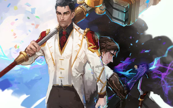 HD PC desktop wallpaper featuring Viktor and Jayce from the League of Legends TV show Arcane, showcasing dynamic contrasting poses and vibrant energy effects.