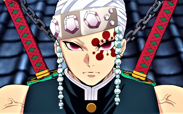 HD PC desktop wallpaper featuring Tengen Uzui from the anime Demon Slayer: Kimetsu no Yaiba, showcasing his intense gaze and dual swords against a dark tiled background.