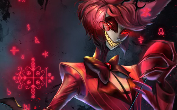 HD PC desktop wallpaper featuring Alastor from the TV show Hazbin Hotel, showcasing his sinister smile and glowing red eyes against a dark, eerie background.
