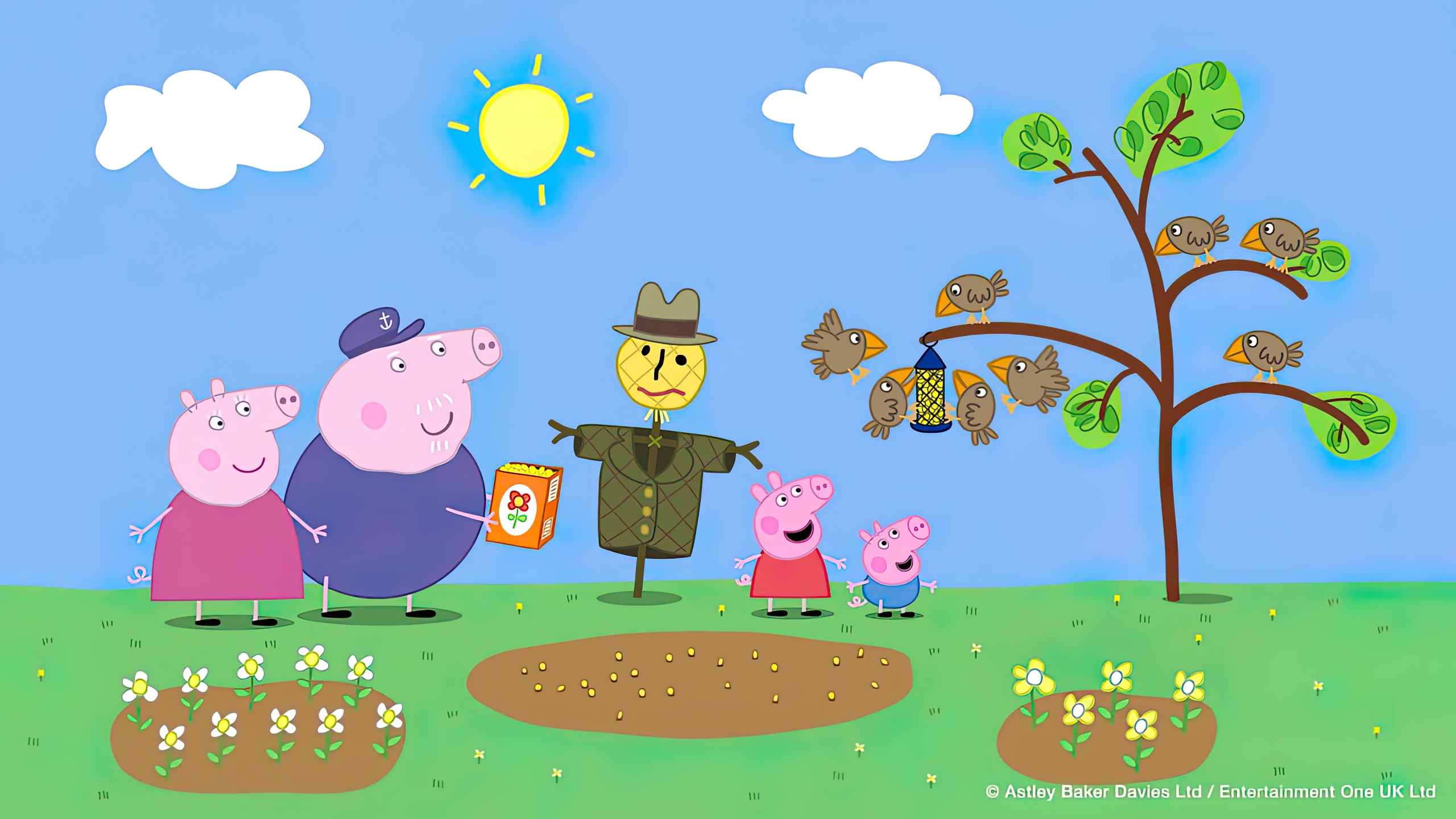 HD desktop wallpaper featuring Peppa Pig and her family enjoying a sunny day outdoors with a scarecrow and butterflies in a cheerful cartoon scene.