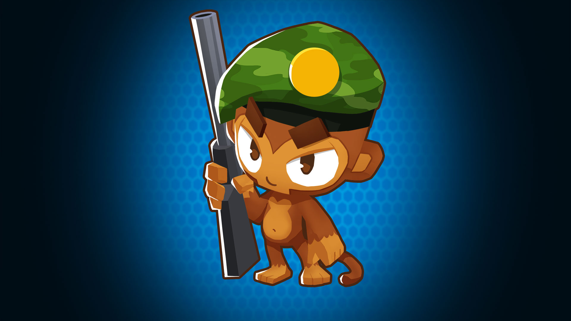 HD wallpaper of a Bloons TD 6 character holding a weapon, with a blue background, ideal for desktop.
