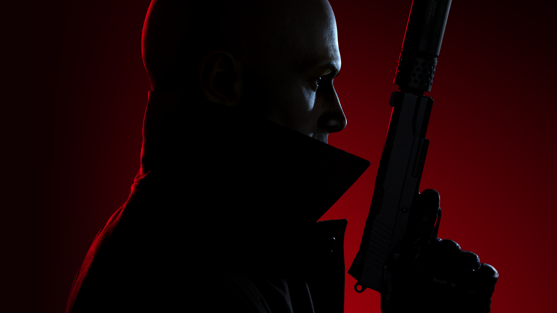 Silhouette of a bald figure with a sniper rifle set against a red background in HD desktop wallpaper for Hitman 3 game.