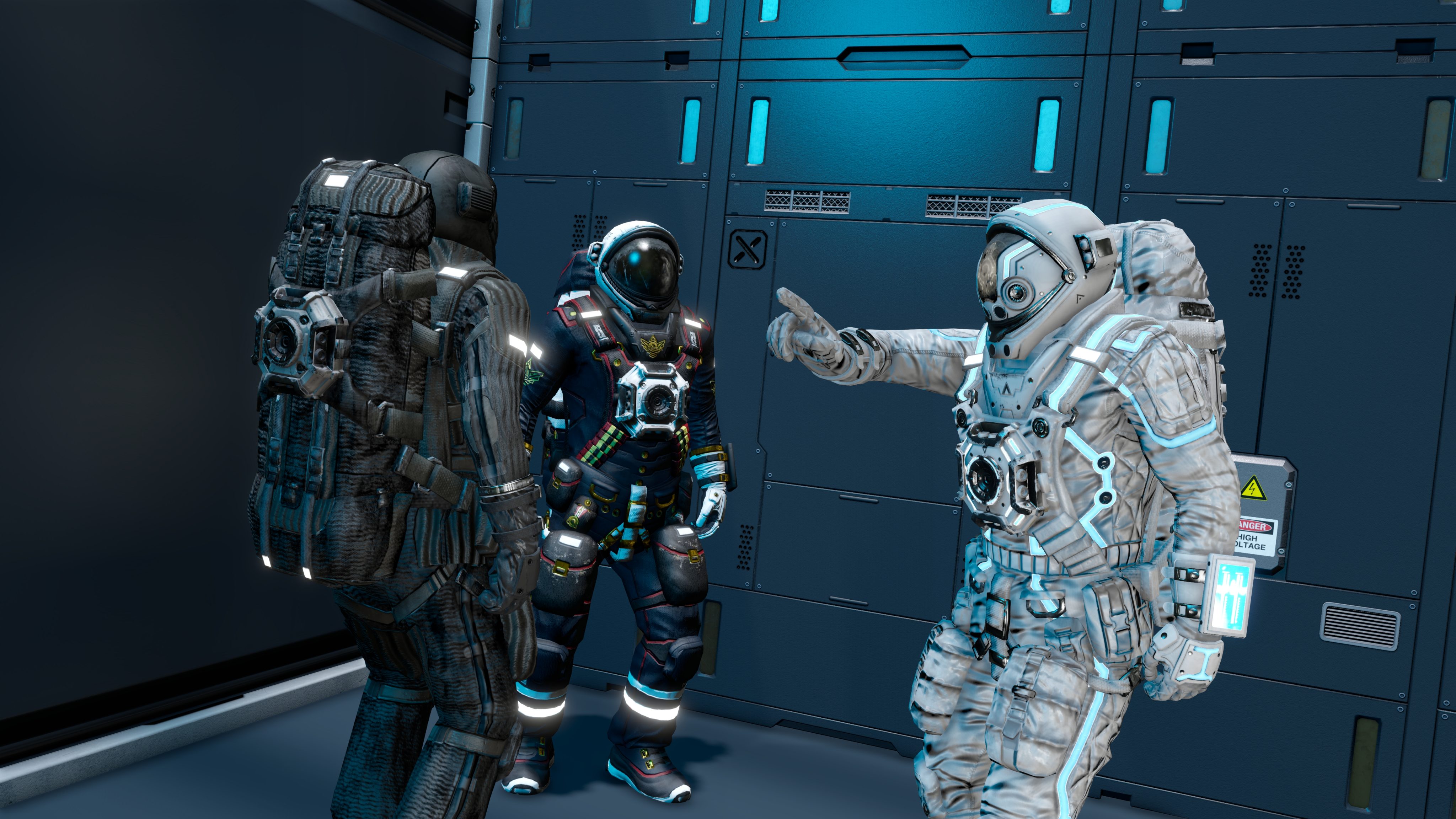 HD desktop wallpaper featuring space engineers in a spacecraft interior, with one astronaut gesturing during a discussion.