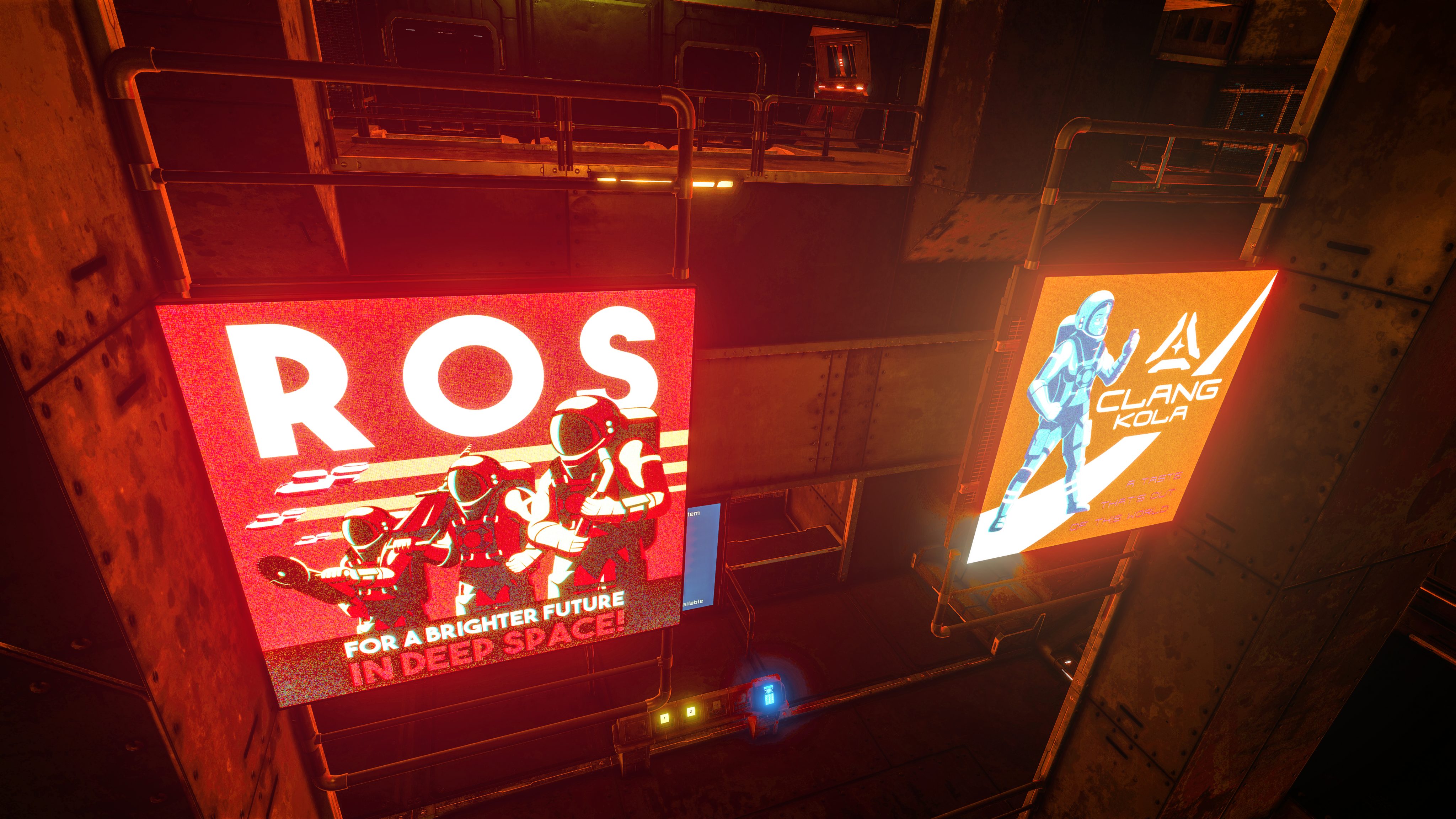 HD desktop wallpaper featuring space engineering themes with vibrant advertisements for ROS and CLANG COLA set in a futuristic industrial setting.