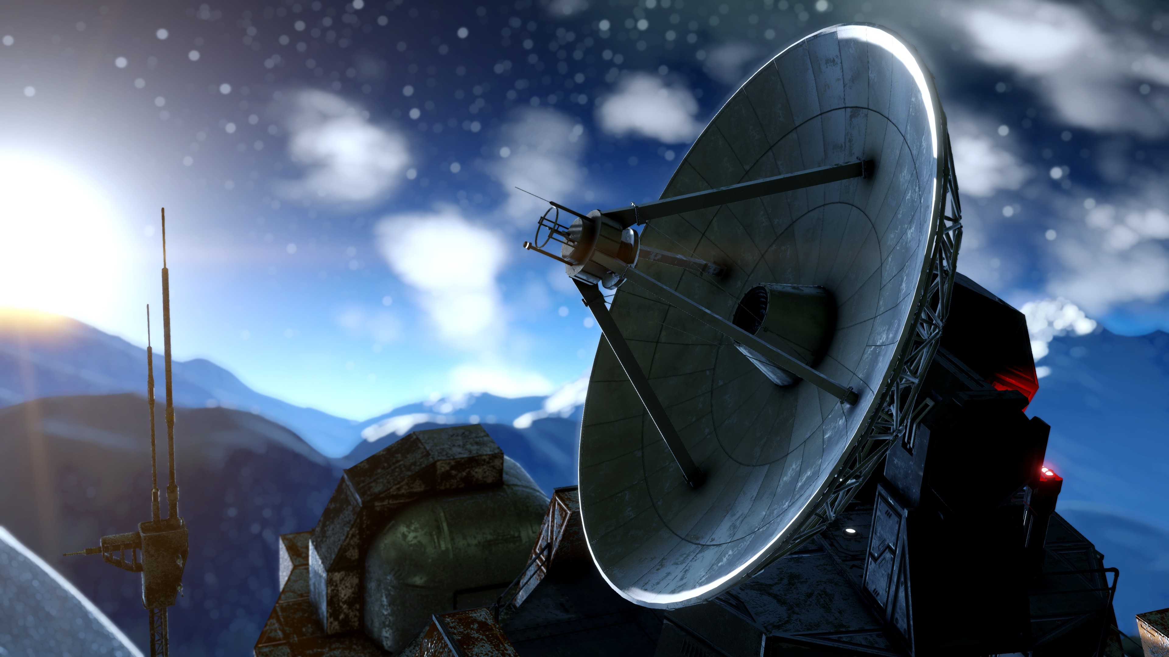 HD wallpaper featuring a detailed satellite dish from the game Space Engineers set against a snowy mountain landscape and starry sky.