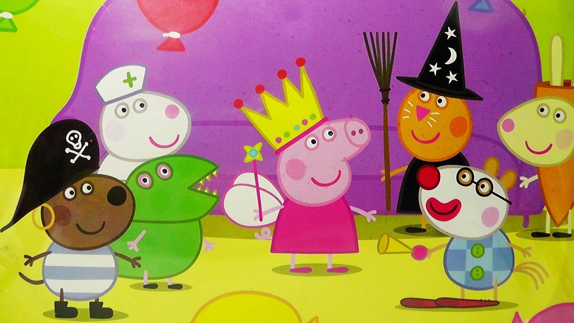 HD desktop wallpaper featuring characters from the TV show Peppa Pig, including Peppa in a crown, surrounded by friends in a colorful party setting with balloons and costumes.