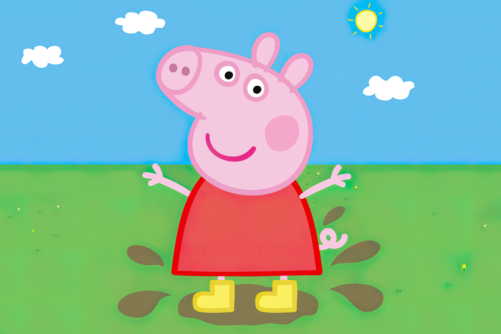 HD desktop wallpaper featuring the animated character Peppa Pig standing on grass with a sunny sky backdrop.