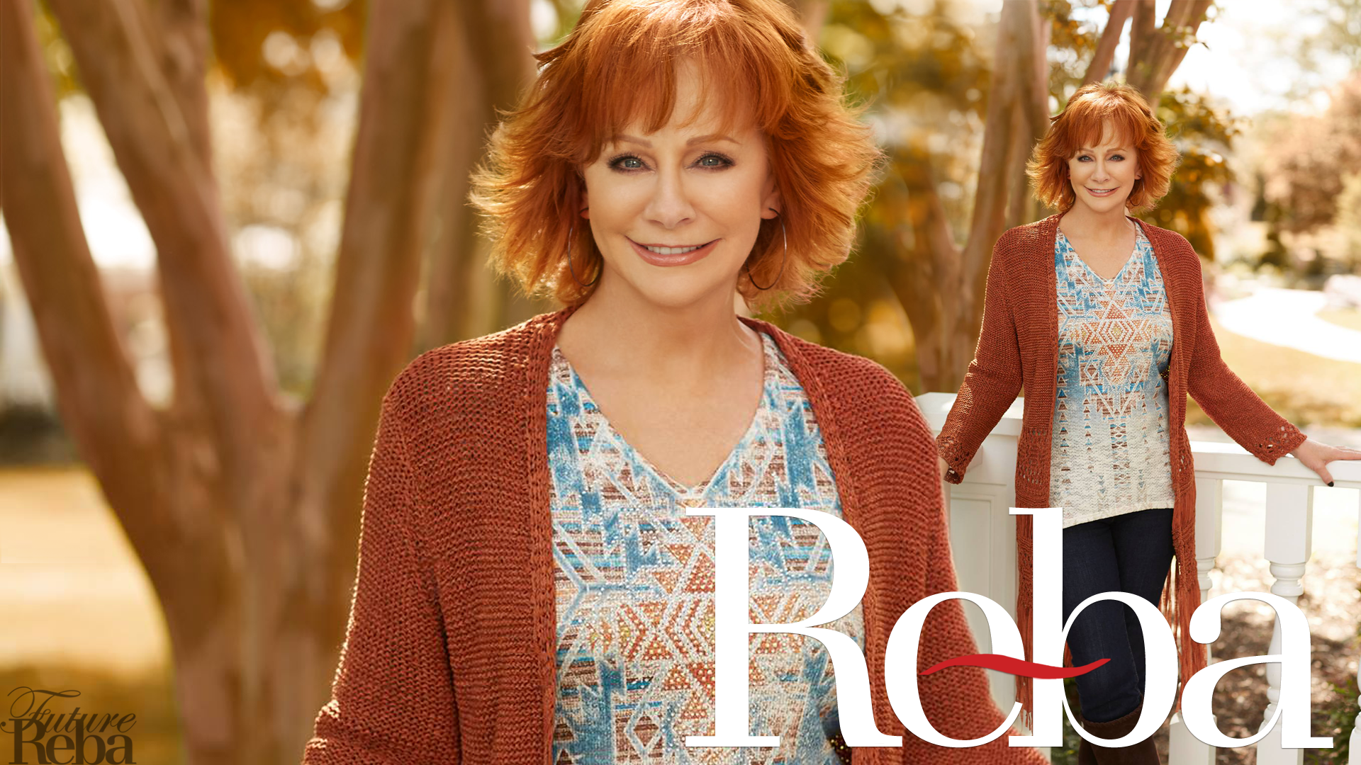 HD desktop wallpaper featuring a smiling woman in a stylish cardigan posing outdoors, with a warm autumnal backdrop.