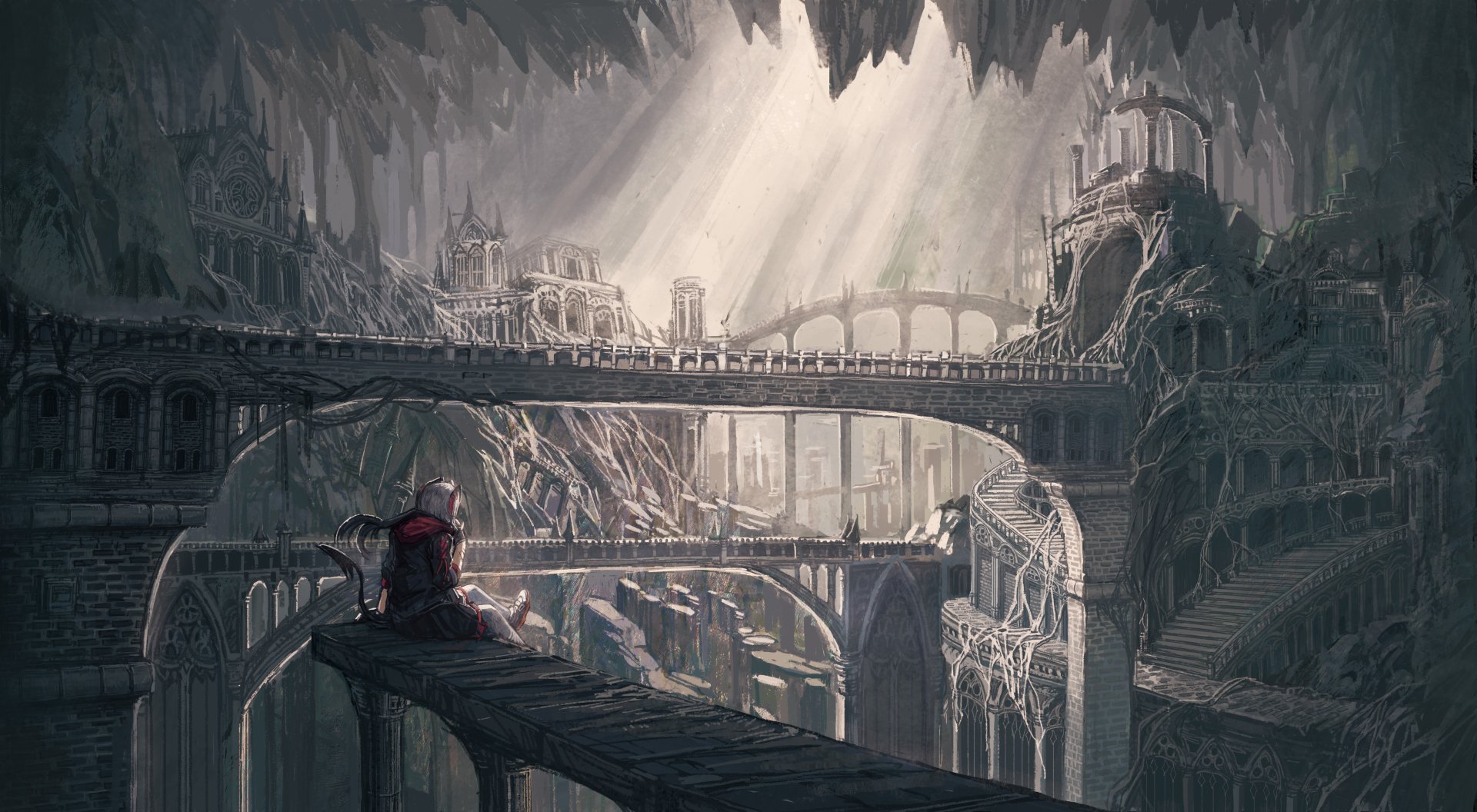 W from Arknights stands on a stone bridge in a vast, ancient cavern with intricate architecture, captured in a 4K Ultra HD video game wallpaper.