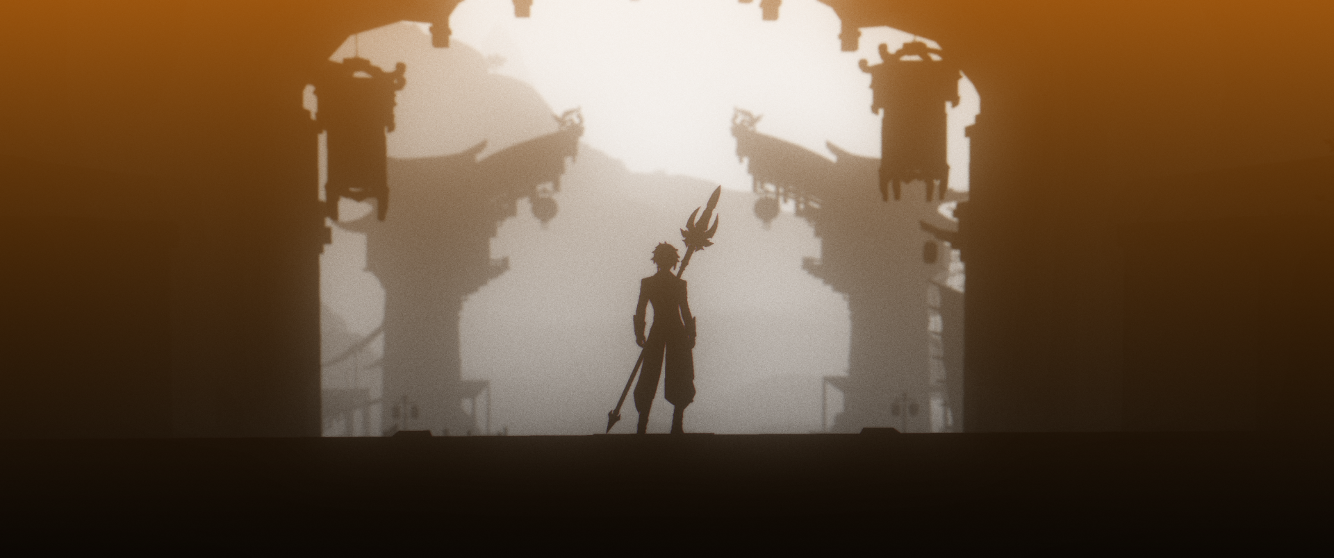 Silhouetted figure of Zhongli from Genshin Impact stands with his polearm against a glowing, architectural background in an HD PC desktop wallpaper.