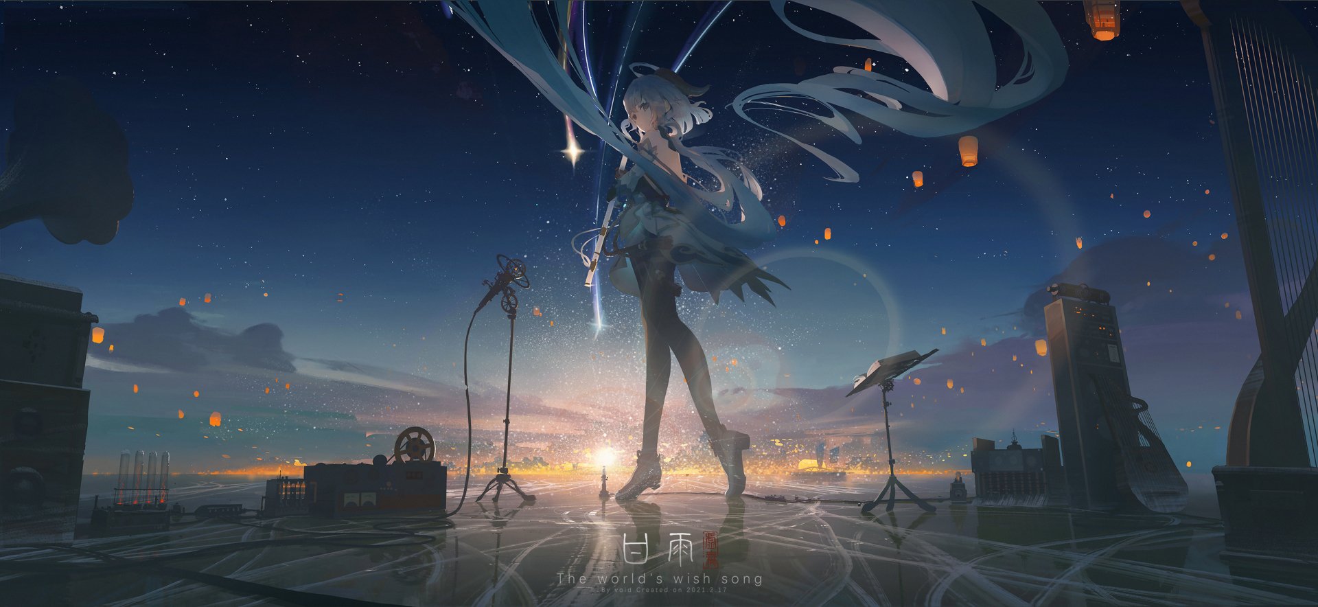 HD desktop wallpaper of Ganyu from Genshin Impact, featuring the character under a twilight sky with glowing elements and city silhouettes in the background.