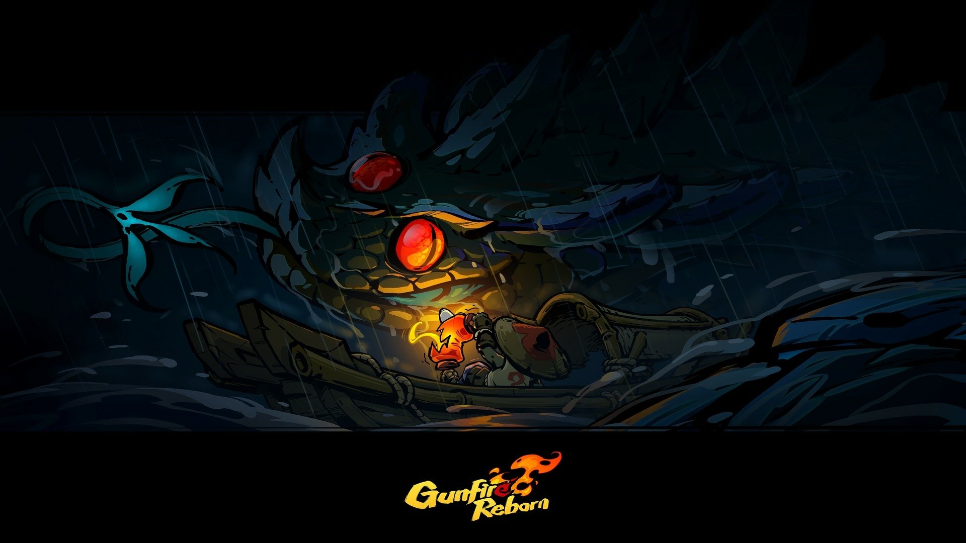 HD desktop wallpaper featuring artwork from the video game Gunfire Reborn, showcasing a stylized character in a dark, moody setting.