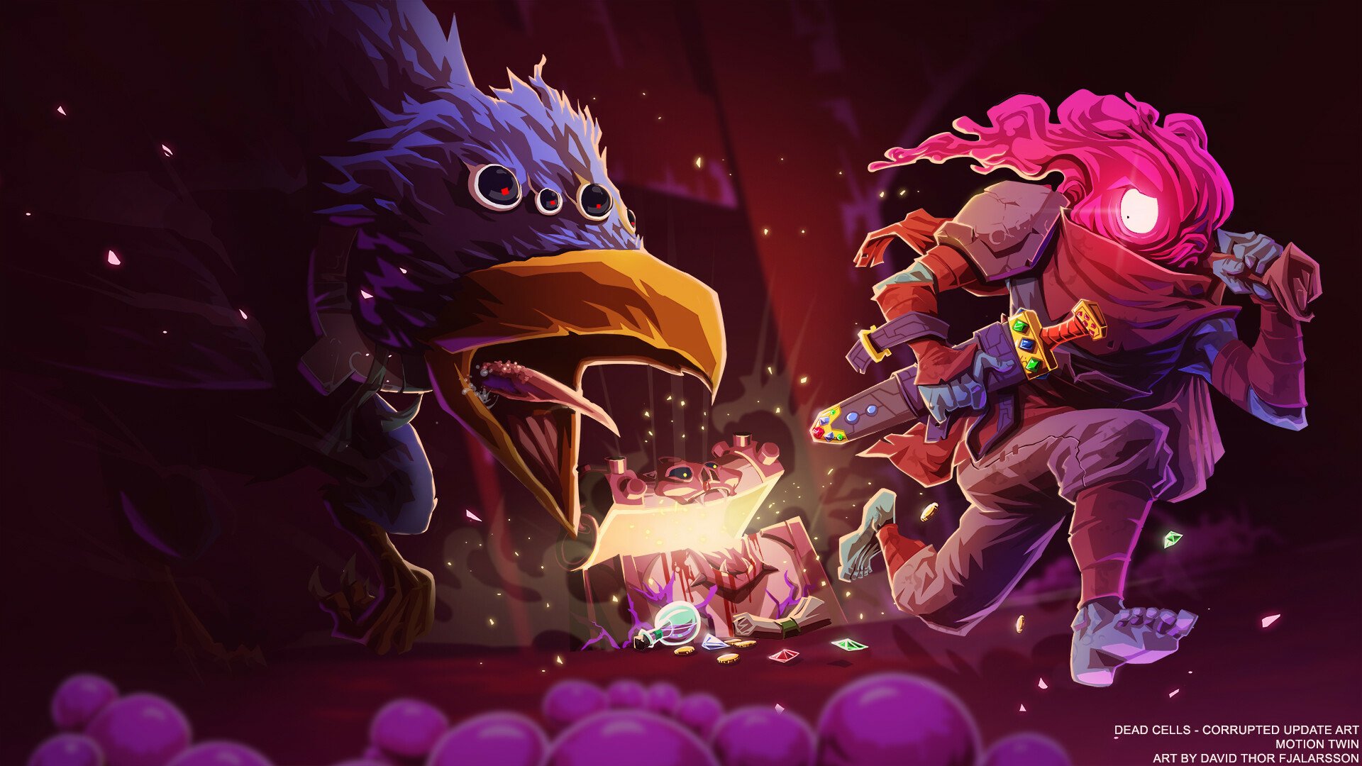 Vibrant HD desktop wallpaper from the video game Dead Cells, featuring dynamic characters in an action-packed scene with a colorful and engaging background.