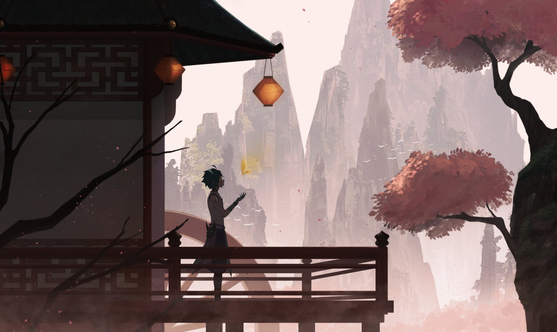 HD PC desktop wallpaper featuring Xiao from the video game Genshin Impact, standing on a balcony with lanterns and pink-leaved trees against a mountainous backdrop.