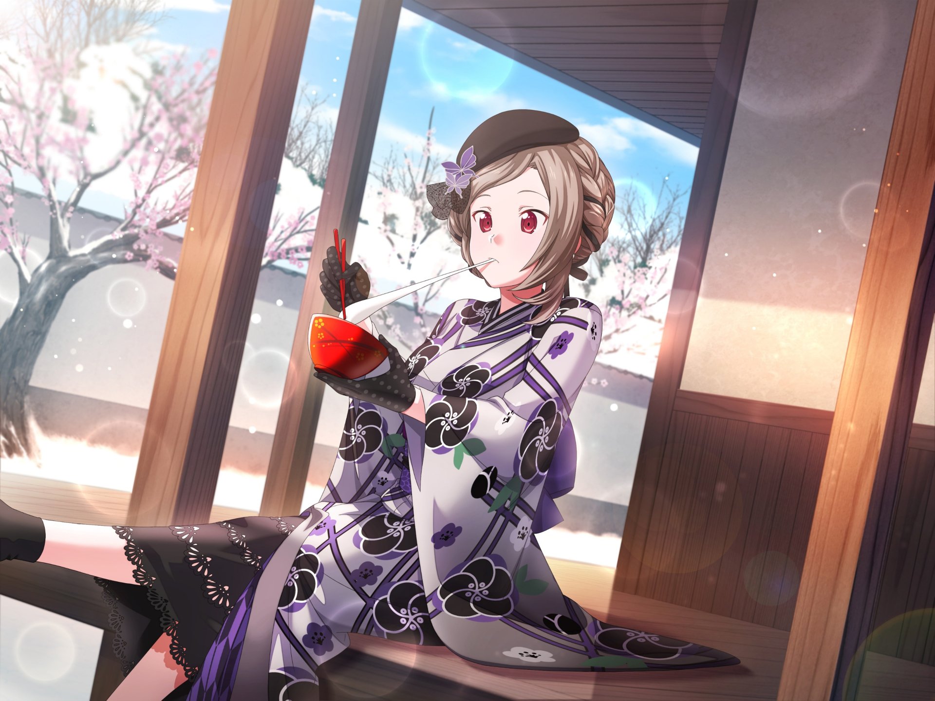 Anime Sword Art Online heroine in a floral kimono sits on a wooden veranda amid snowy cherry blossoms — 2K Quad HD PC desktop wallpaper/background.