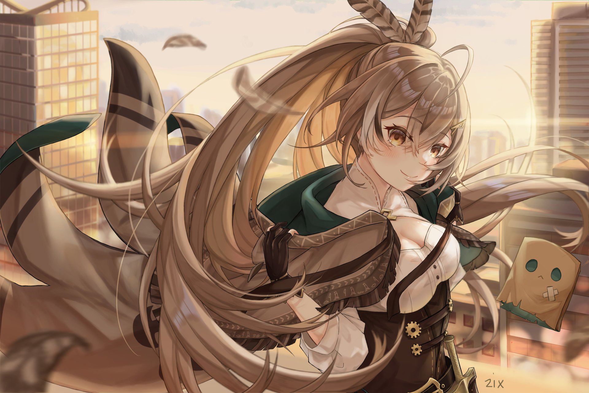 4K Ultra HD PC wallpaper featuring Nanashi Mumei from hololive, showcasing detailed anime-style art of the virtual YouTuber against a soft cityscape background.