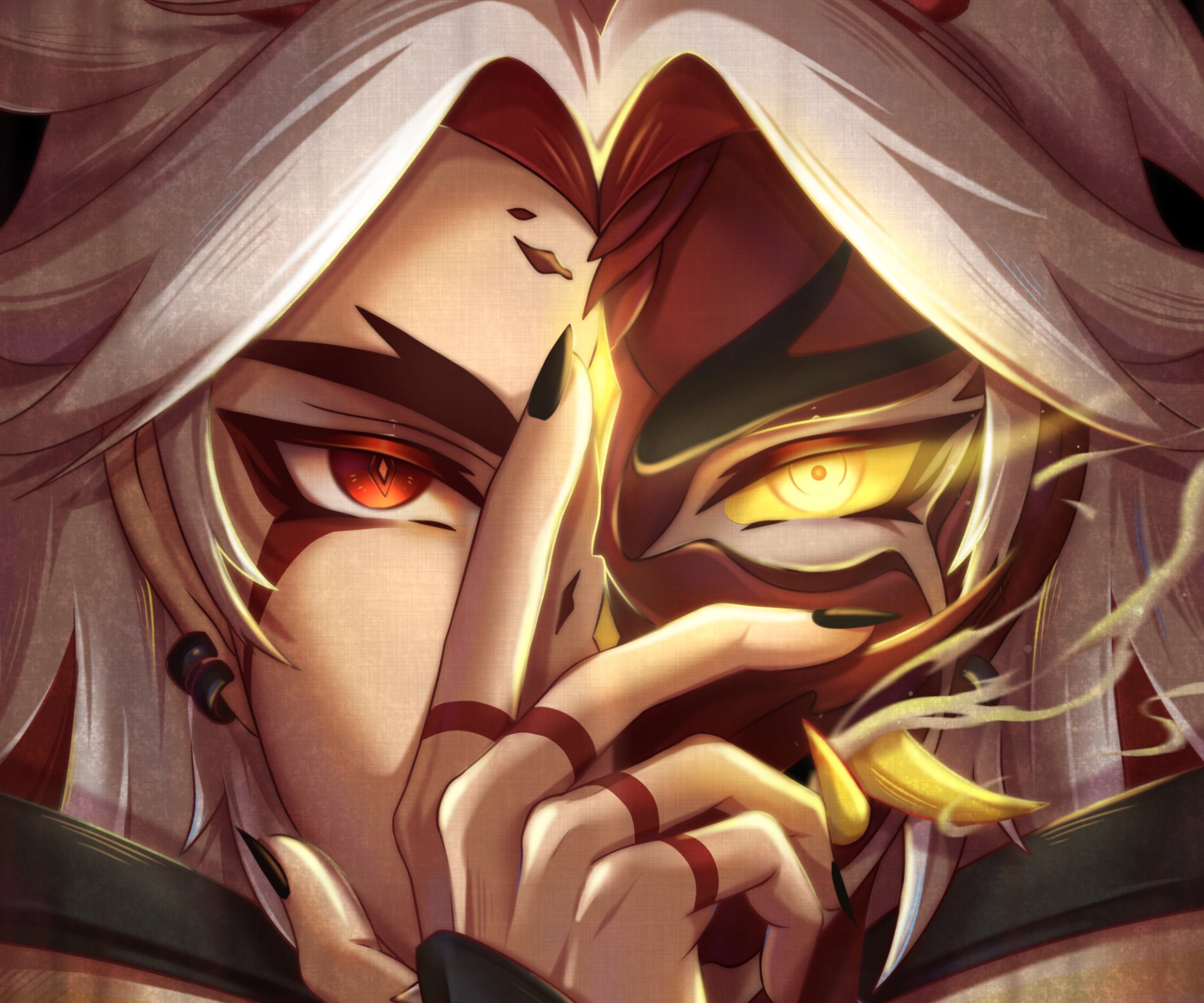 HD PC desktop wallpaper of Arataki Itto from the video game Genshin Impact, featuring a close-up of his dual-colored eyes and fierce expression.