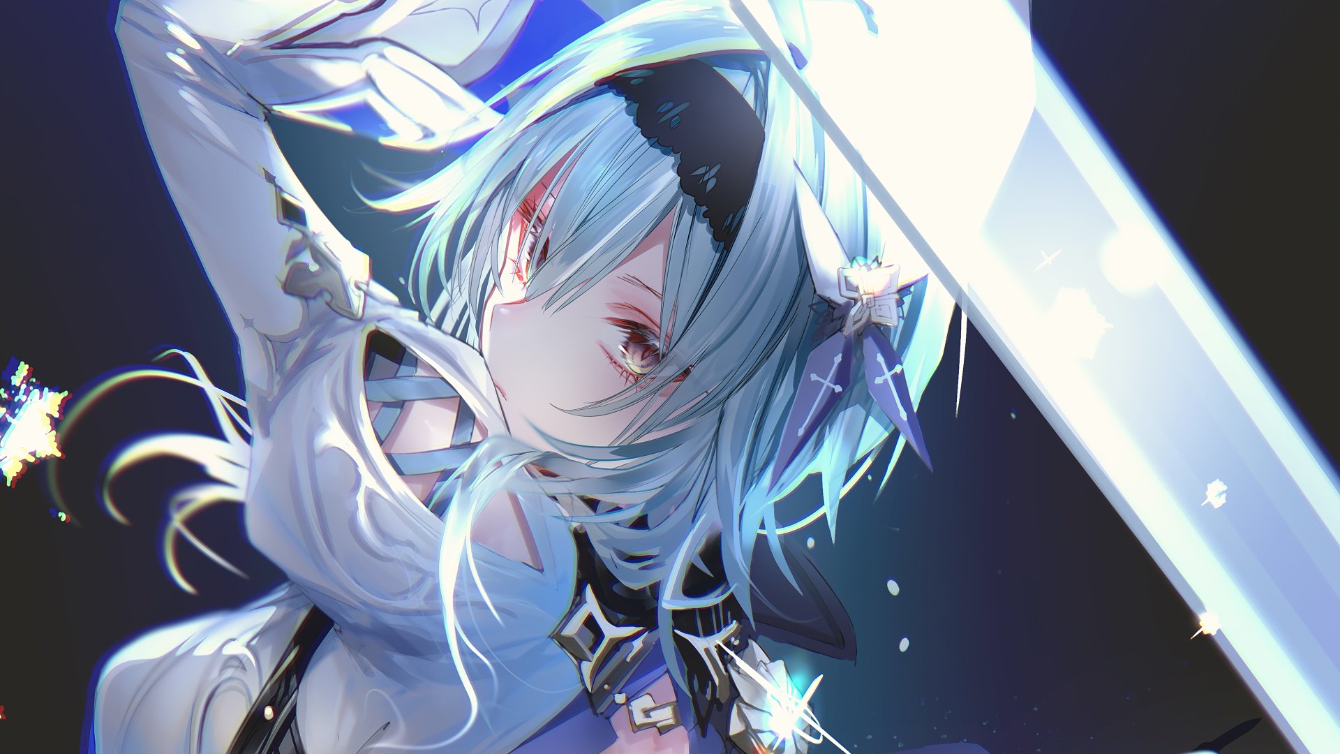 4K Ultra HD PC desktop wallpaper featuring Eula from the video game Genshin Impact with dynamic lighting and detailed character design.