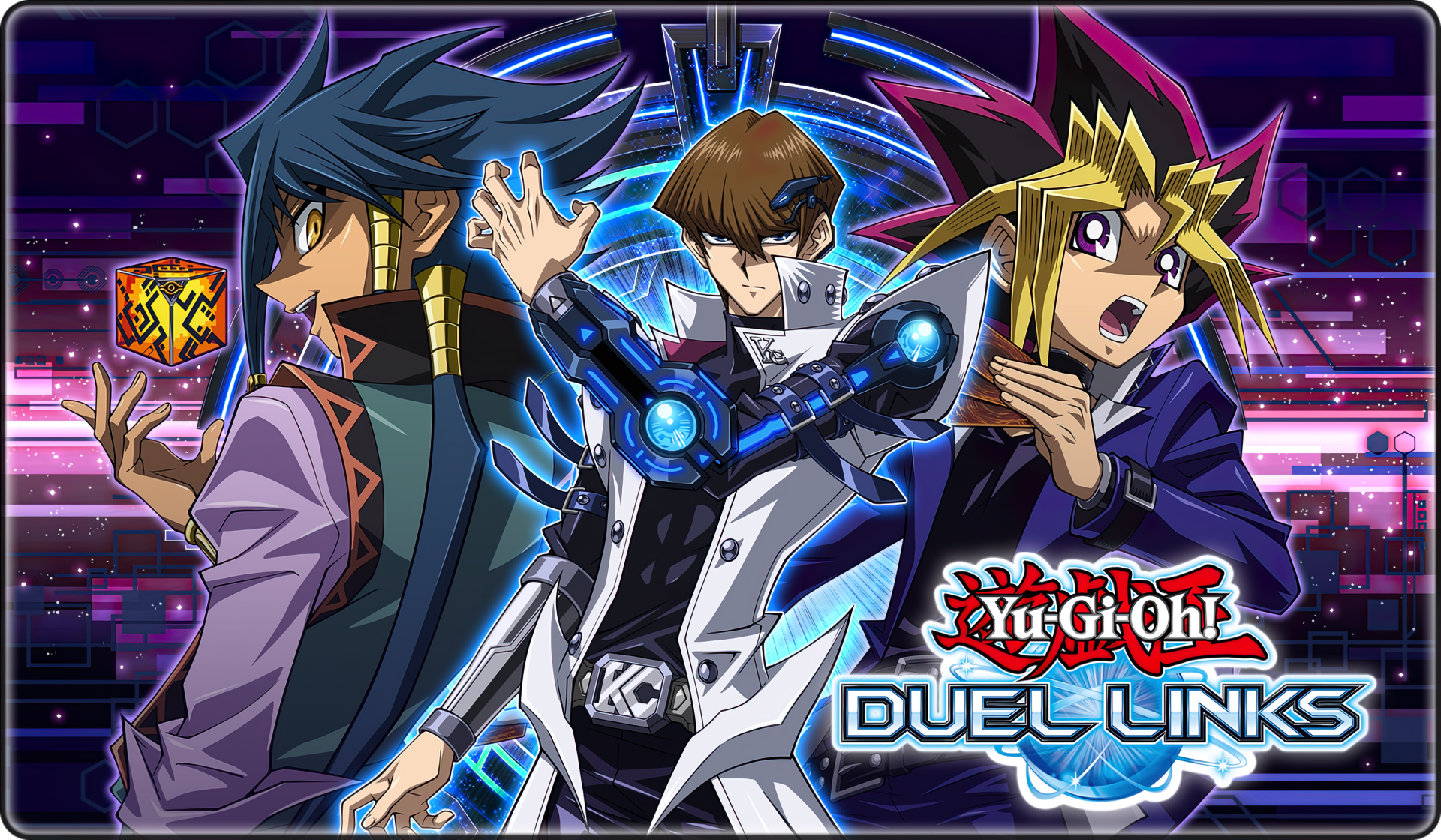 Alt Text: High-definition Yu-Gi-Oh! Duel Links wallpaper featuring animated characters Yugi Mutou and Seto Kaiba in dynamic poses with a vibrant digital gaming background for desktop.