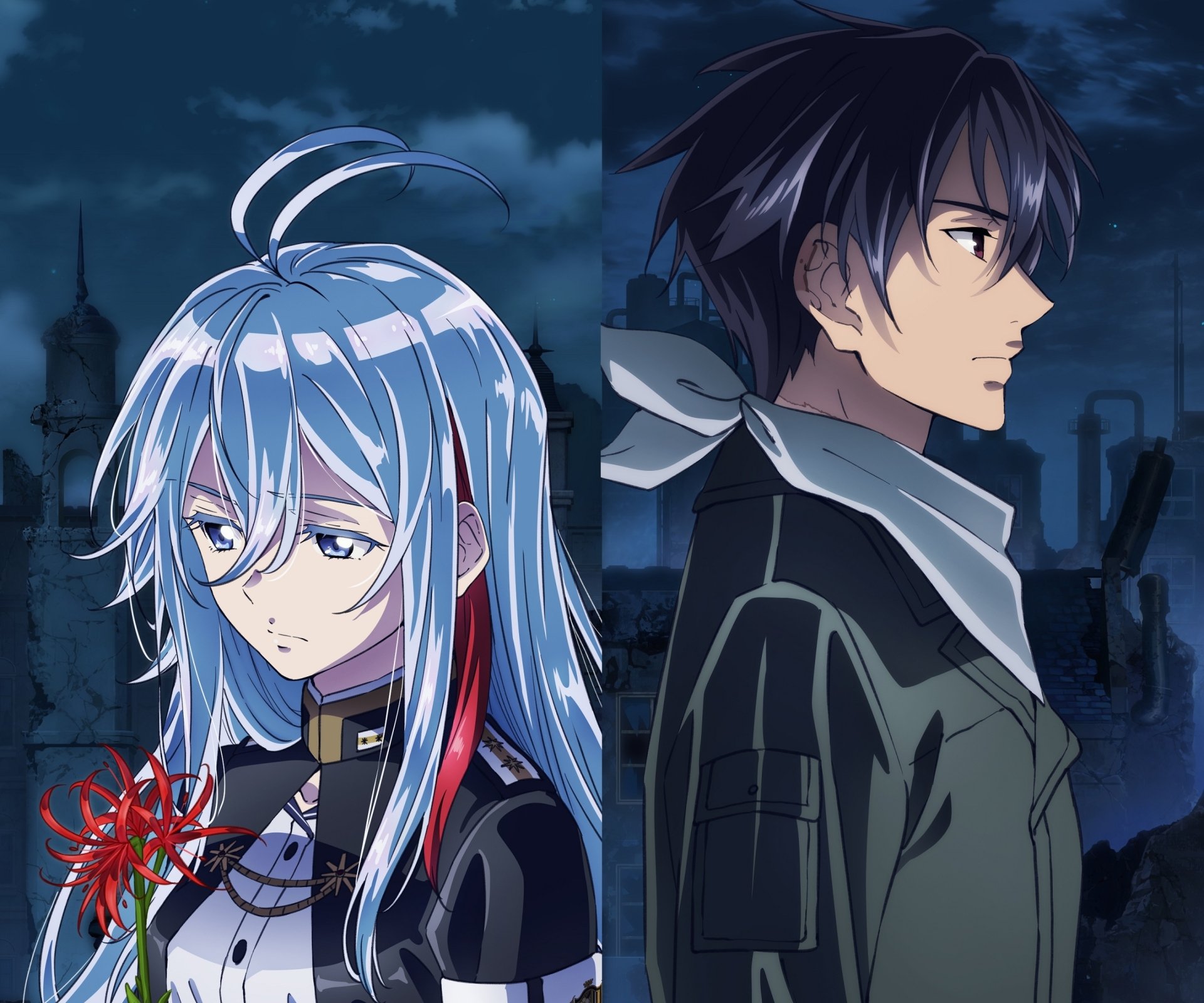 HD anime wallpaper featuring Vladilena Milizé and Shinei Nouzen from Eighty Six, set against a dark, futuristic cityscape background.