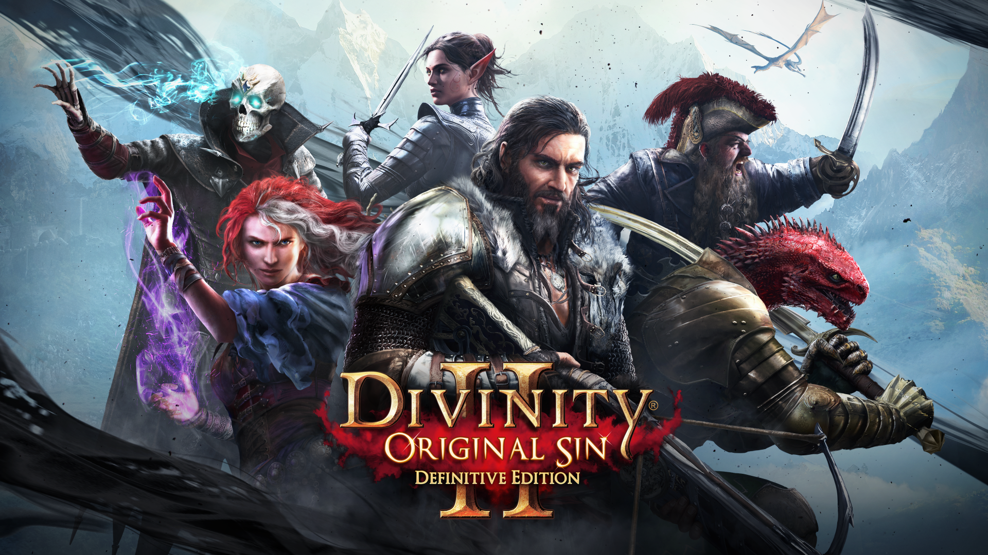 HD wallpaper featuring characters from the video game Divinity: Original Sin II, showcasing a dynamic group of adventurers set against a dramatic fantasy landscape.