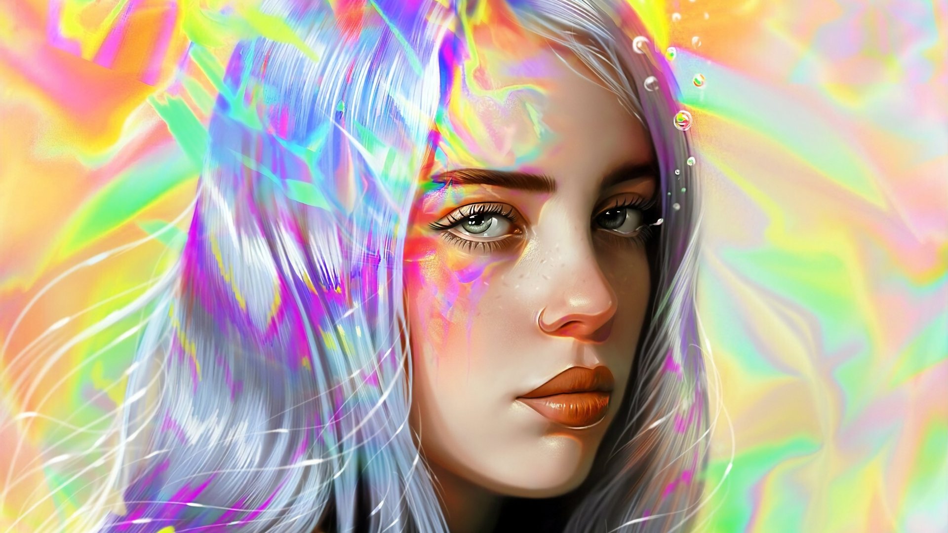 A vibrant 4K Ultra HD digital artwork of Billie Eilish's face, blending iridescent colors and light effects for a dynamic music-themed PC desktop wallpaper.