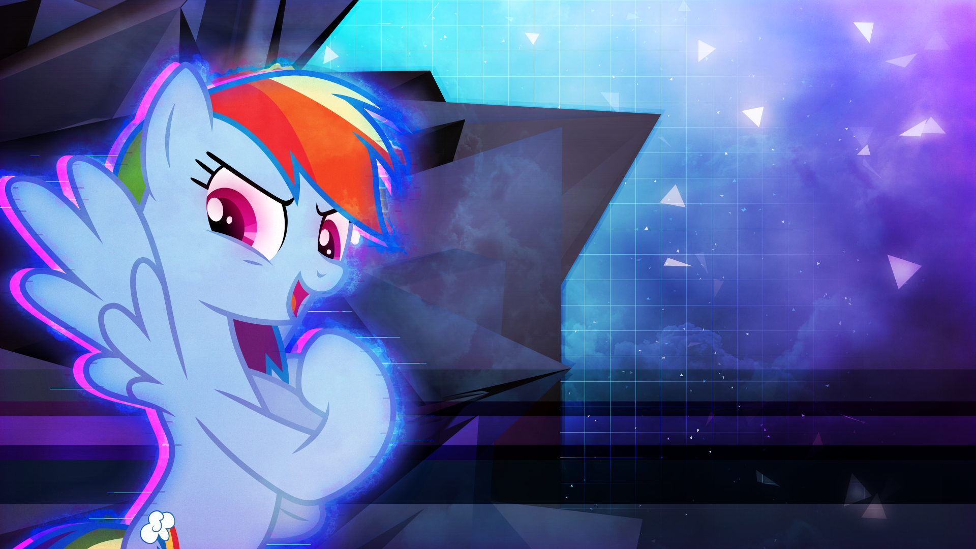 Rainbow Dash from the My Little Pony TV show Friendship Is Magic poses confidently on a neon geometric 4K Ultra HD PC desktop wallpaper background.
