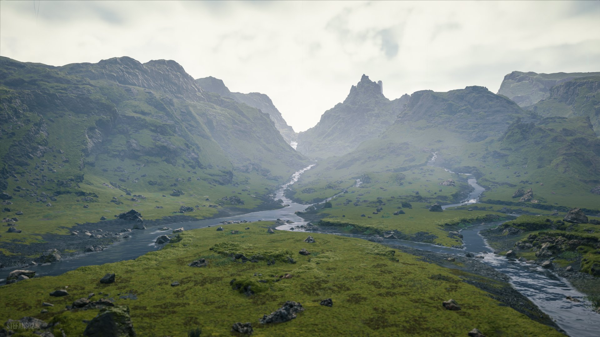 4K Ultra HD Death Stranding video game wallpaper featuring a lush mountainous landscape with winding streams under a cloudy sky, designed for PC desktop backgrounds.