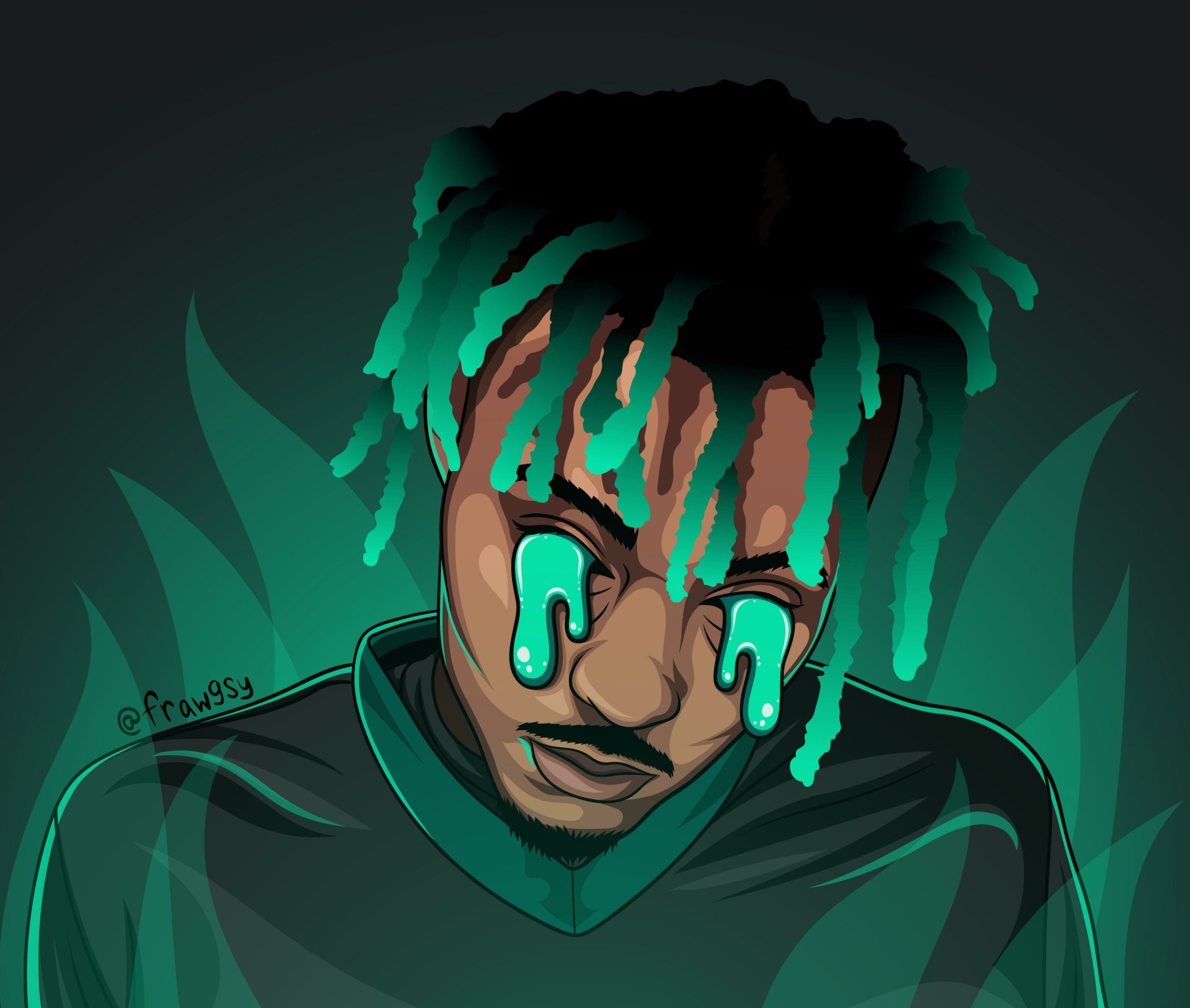 Artistic HD desktop wallpaper featuring a stylized illustration of a male figure with green dreadlocks and tears, inspired by the musical artist associated with the tag 'Juice Wrld'.