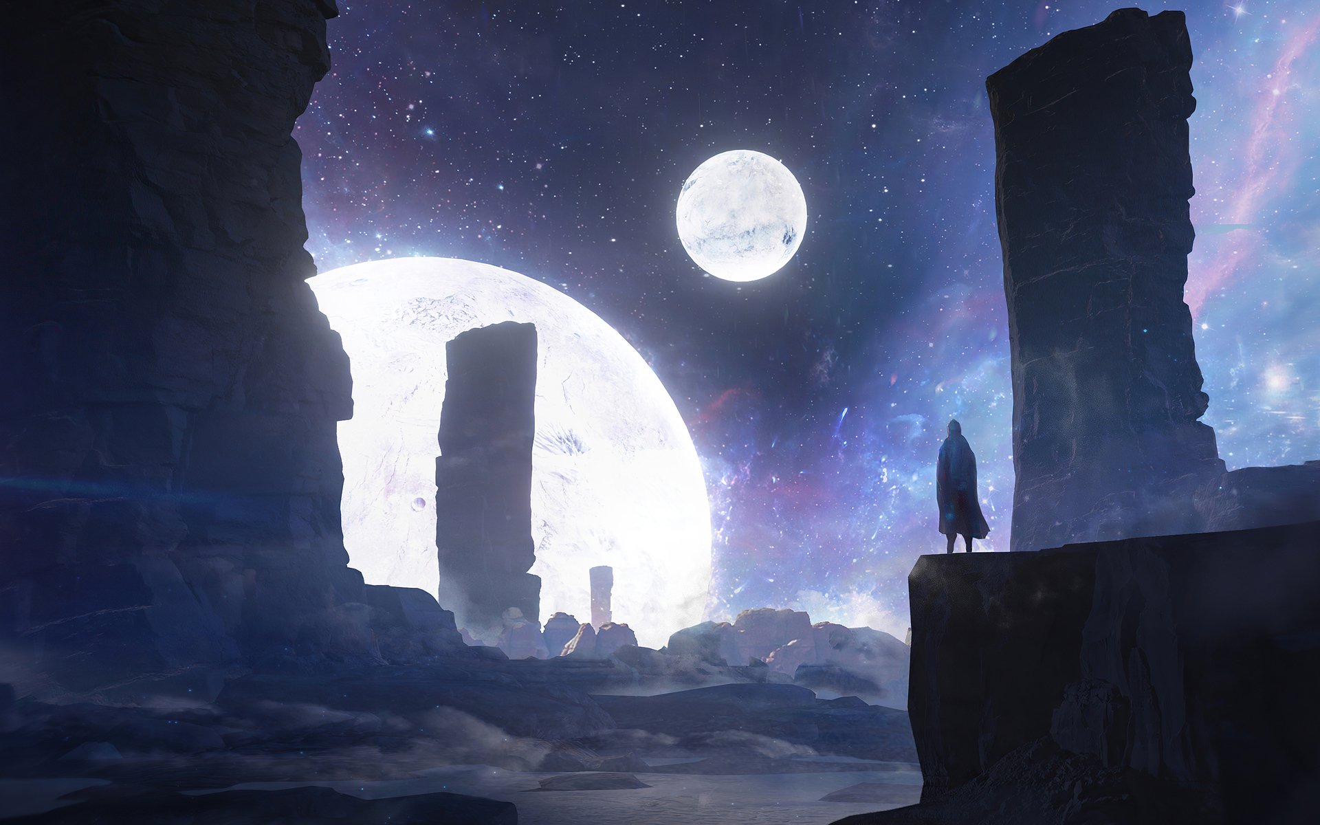 A sci-fi landscape depicting a lone figure exploring ancient monoliths beneath two luminous moons, set against a cosmic night sky in HD quality.